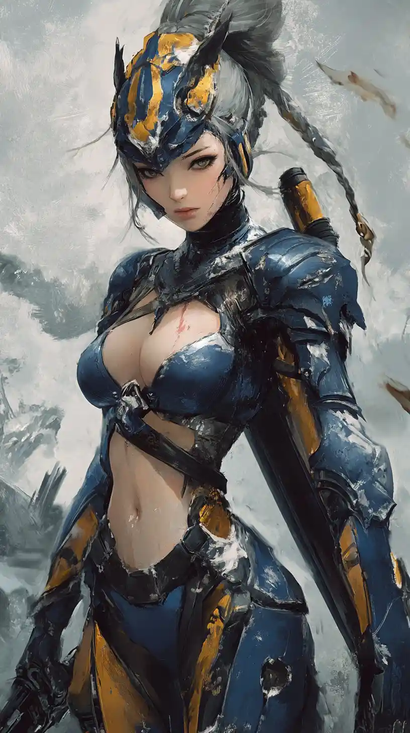 Gros plan sur une guerrière d’anime en armure bleue fantastique