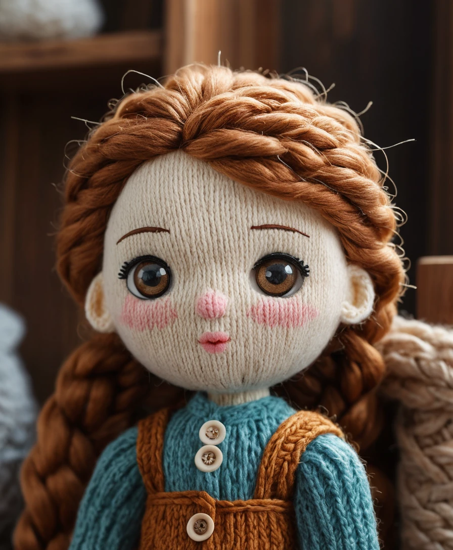 Acogedor primer plano de una muñeca chibi tejida en suaves manos