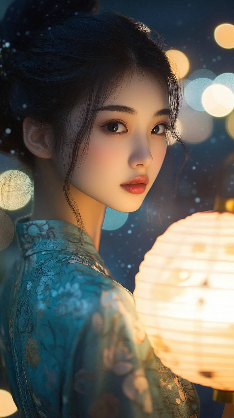 Young woman with lantern against dreamy city night lights