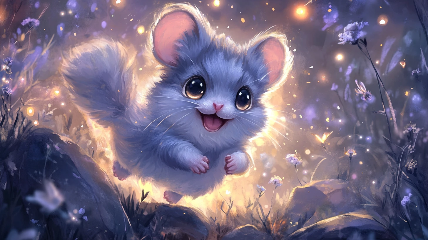Filhote de chinchila alegre saltitando em um prado rochoso ao luar