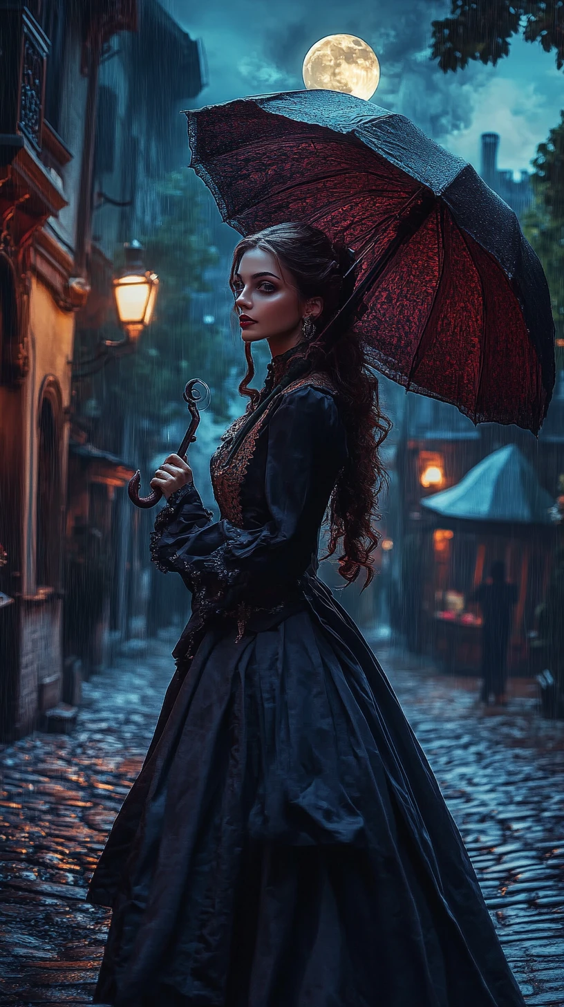 Donna steampunk in una piovosa strada vittoriana di notte