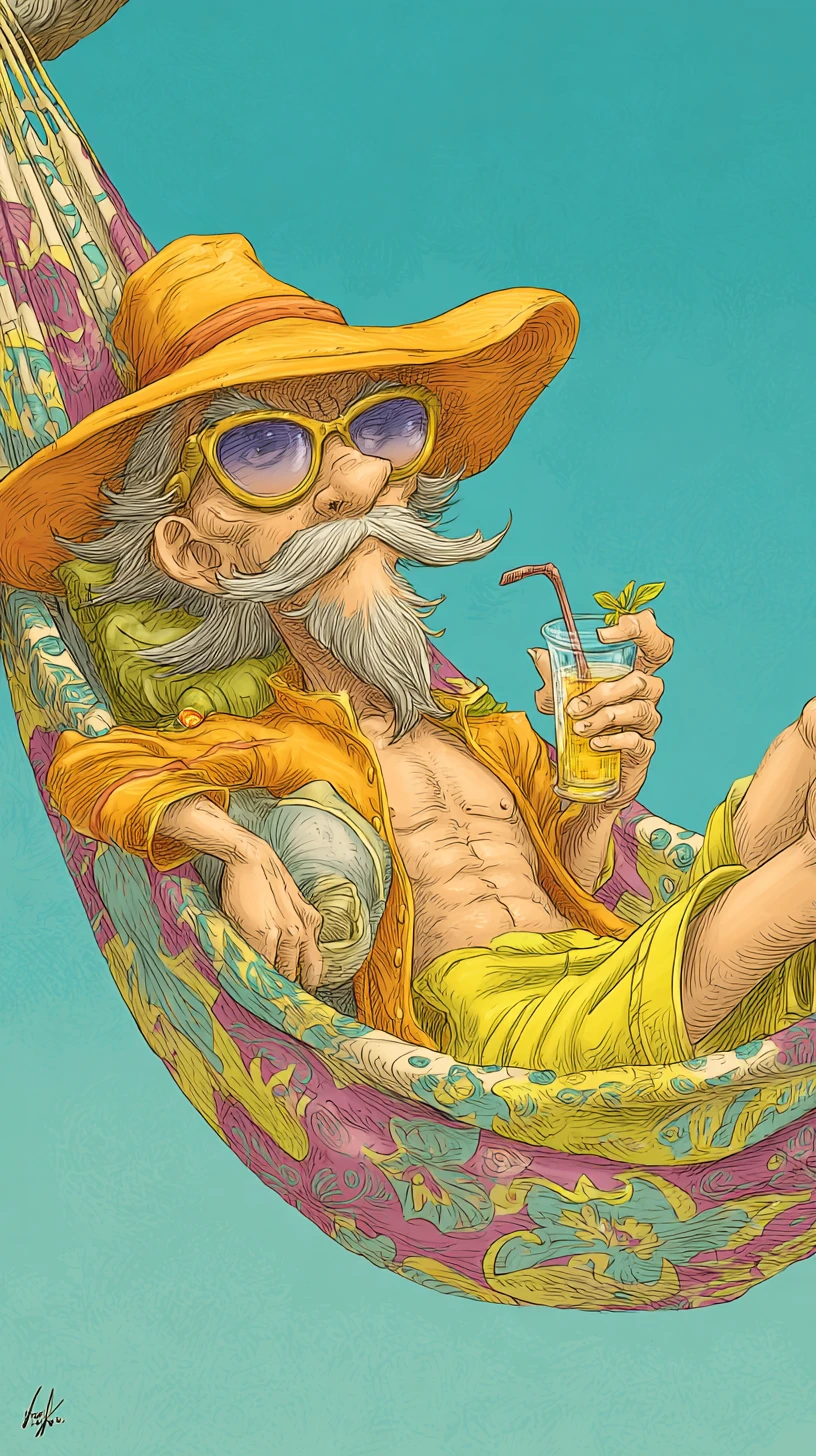 Mago chibi descansando en una hamaca en la playa soleada