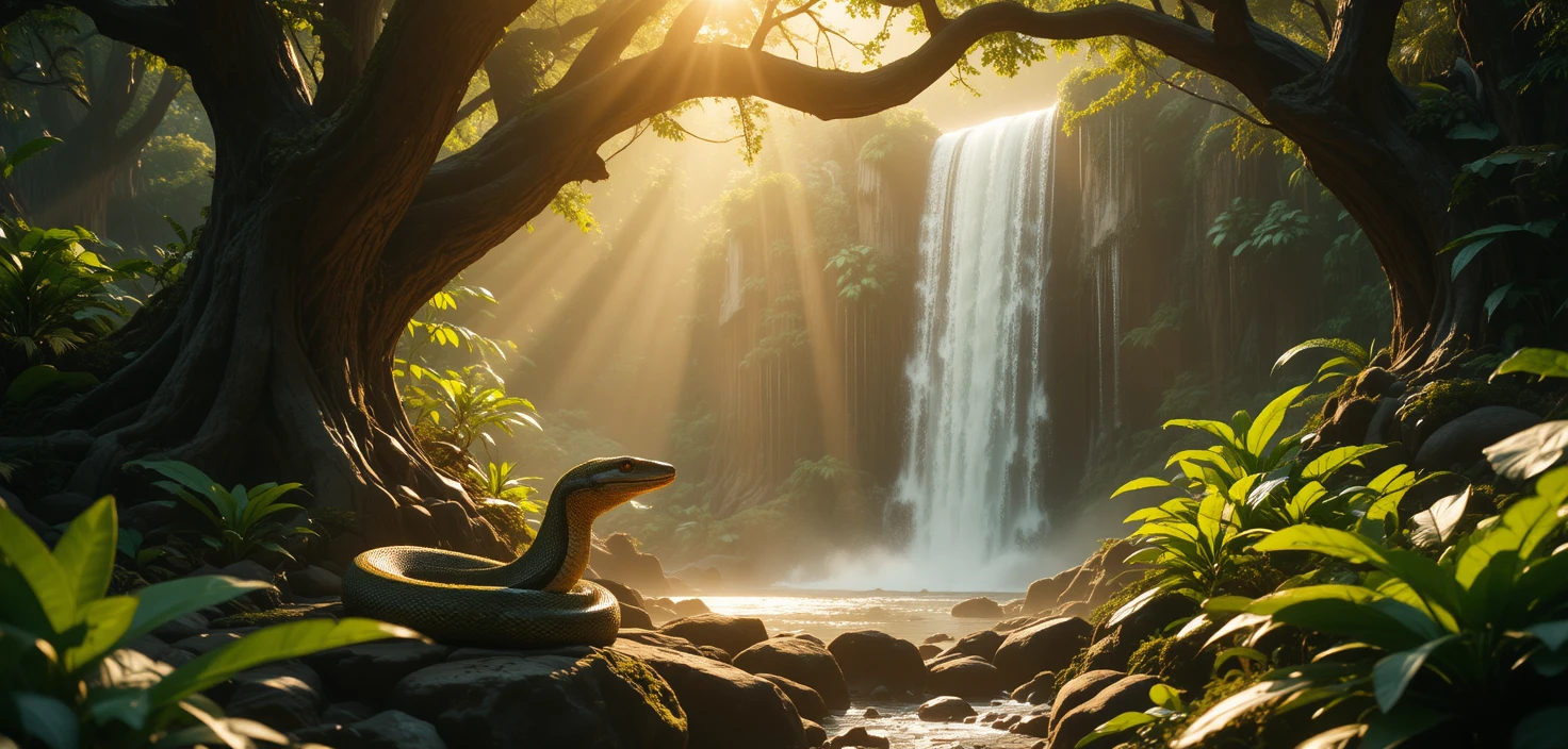 Peaceful boa resting beneath a sunlit jungle waterfall