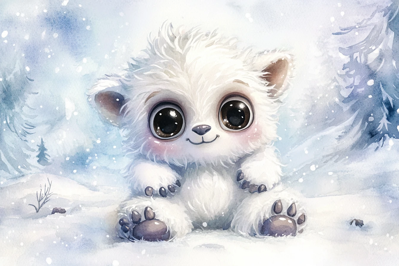 Cucciolo di yeti in un prato innevato – illustrazione ad acquerello