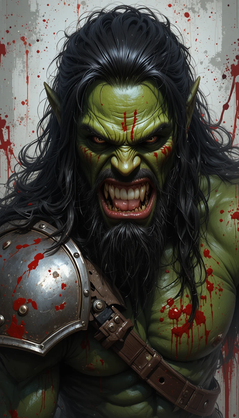 Ferocious orc portrait with bloodstained face and metal armor