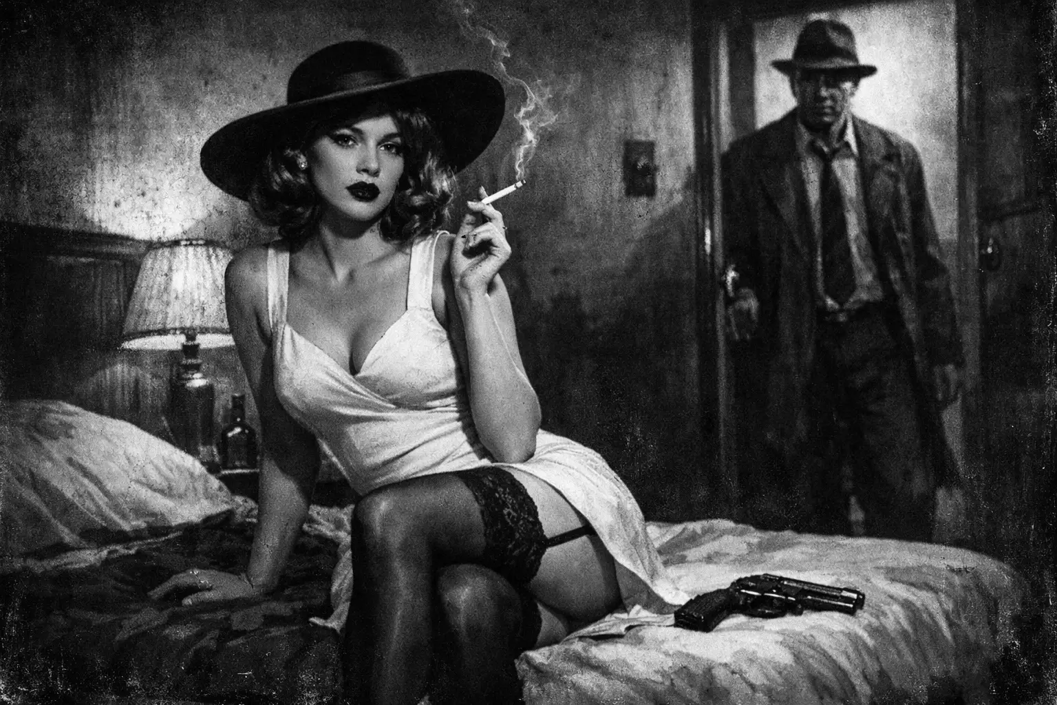 Donna in abito bianco in squallida stanza di motel noir