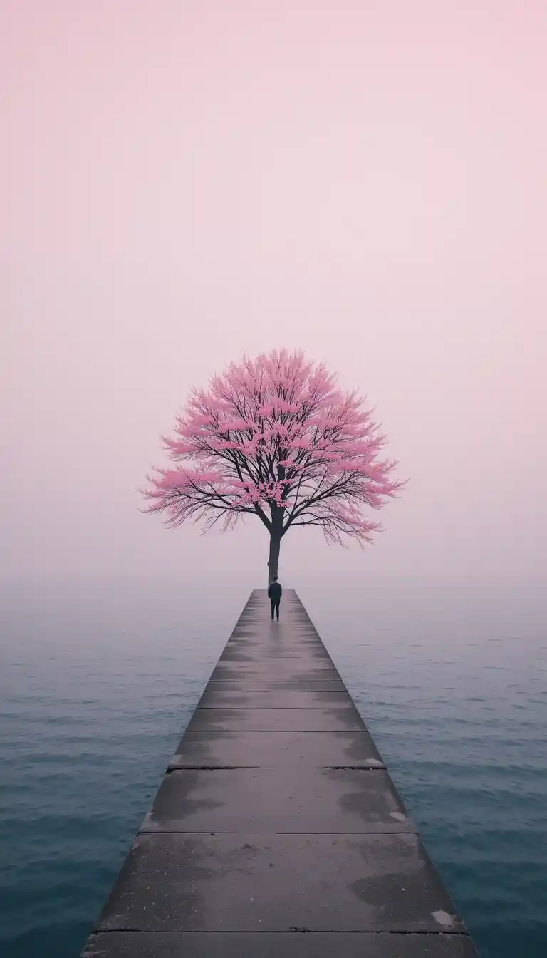 Árbol solitario y persona en un muelle sobre un mar en tonos pasteles