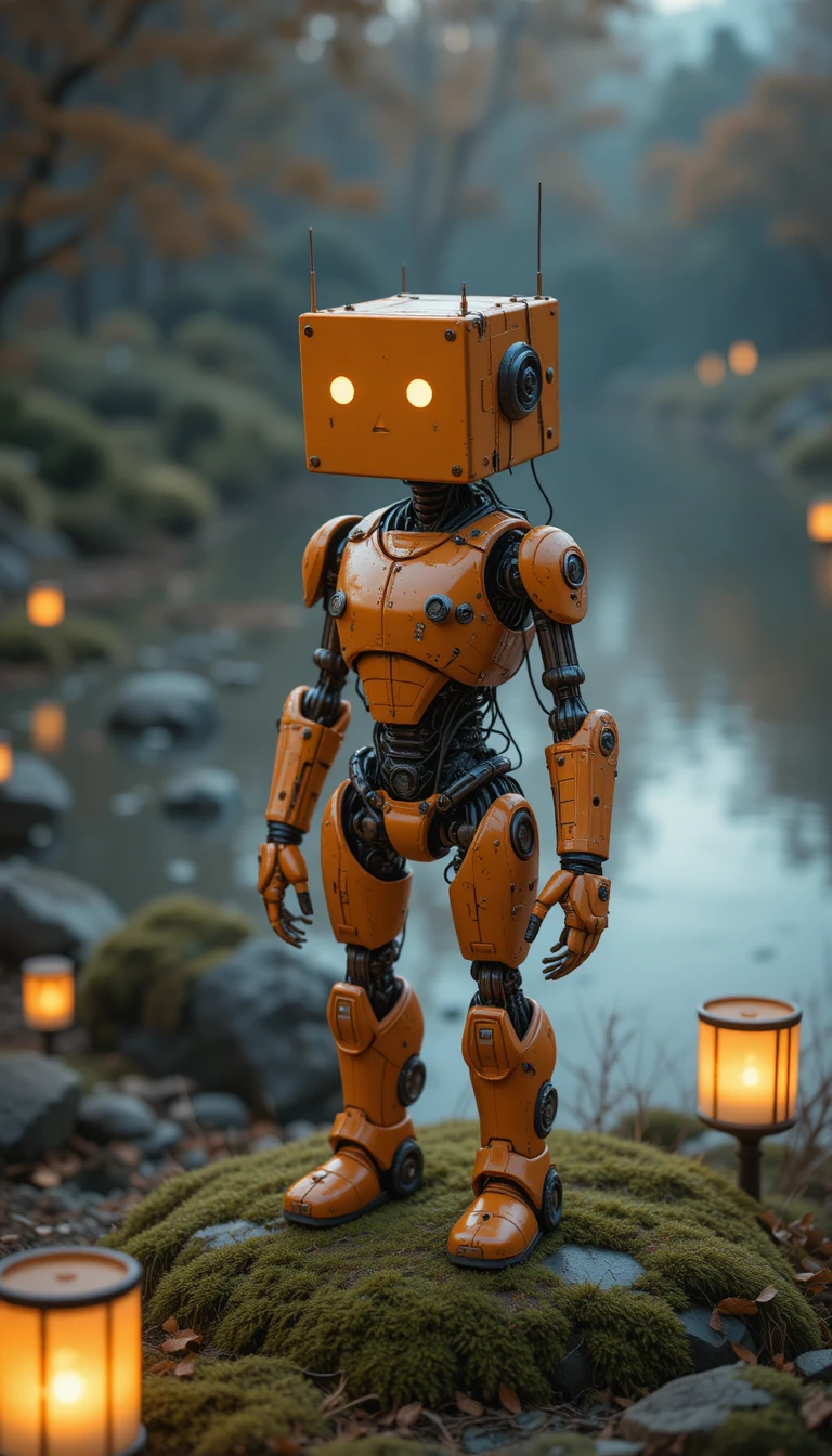 苔むした池と光るランタンのそばの風変わりなロボット