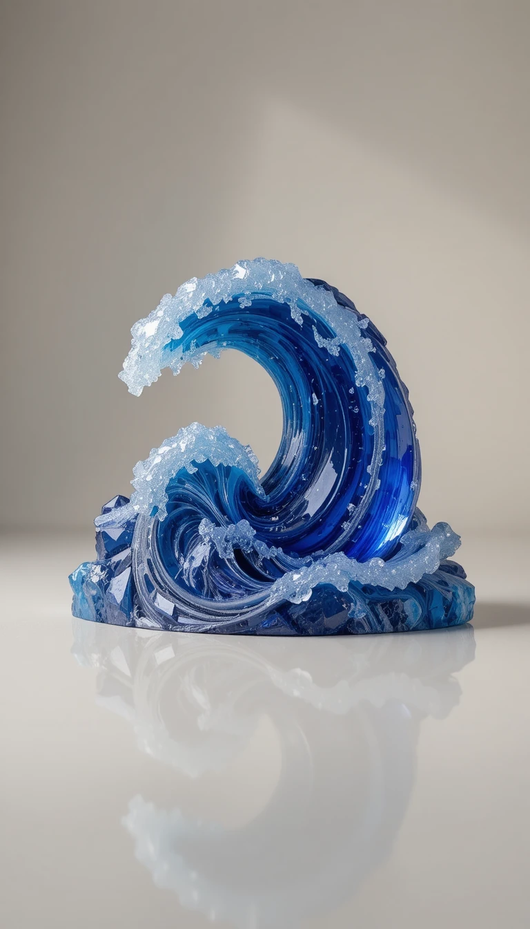 Frozen sapphire ocean wave sculpture on neutral studio background