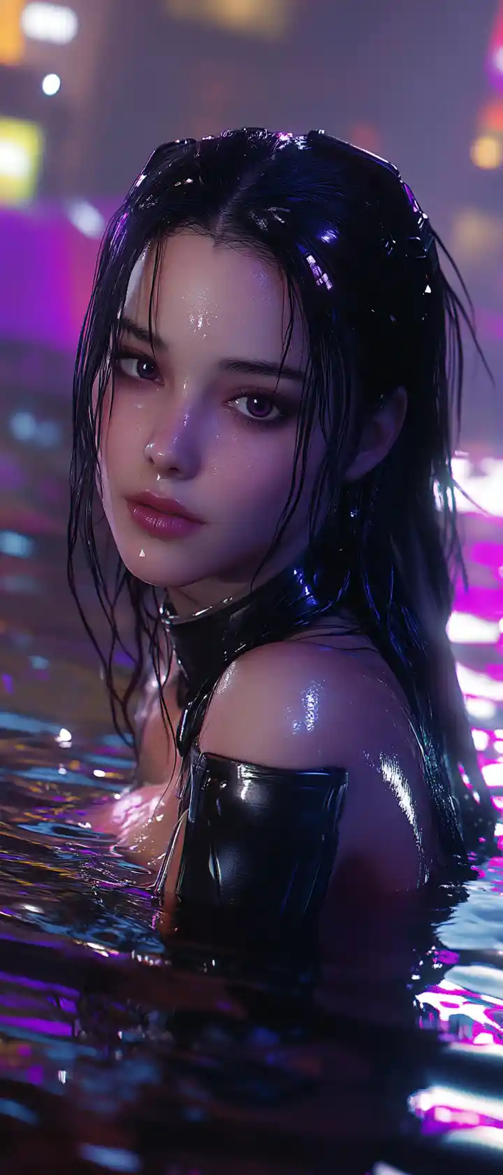 Cybernetic woman half submerged in a dark swamp