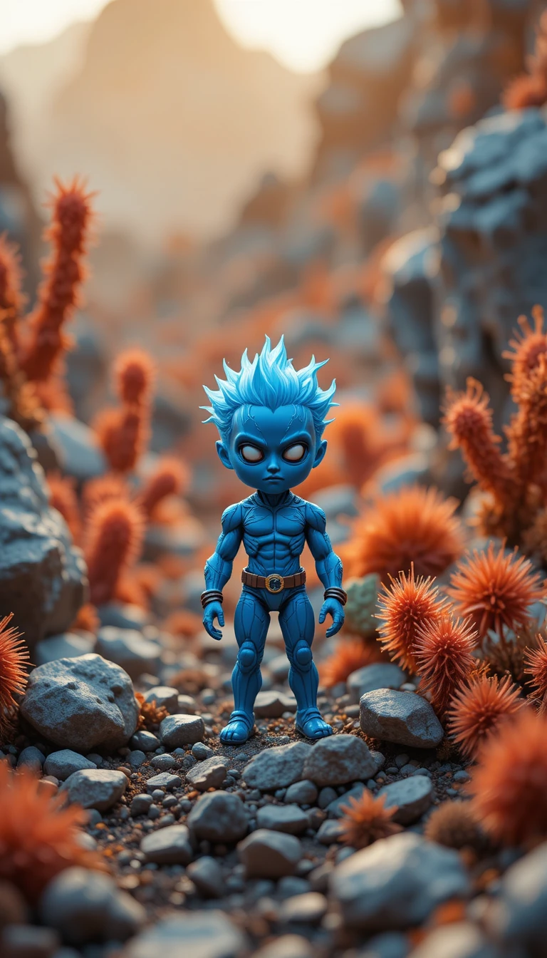 Tiny figure in blue on surreal rocky alien landscape