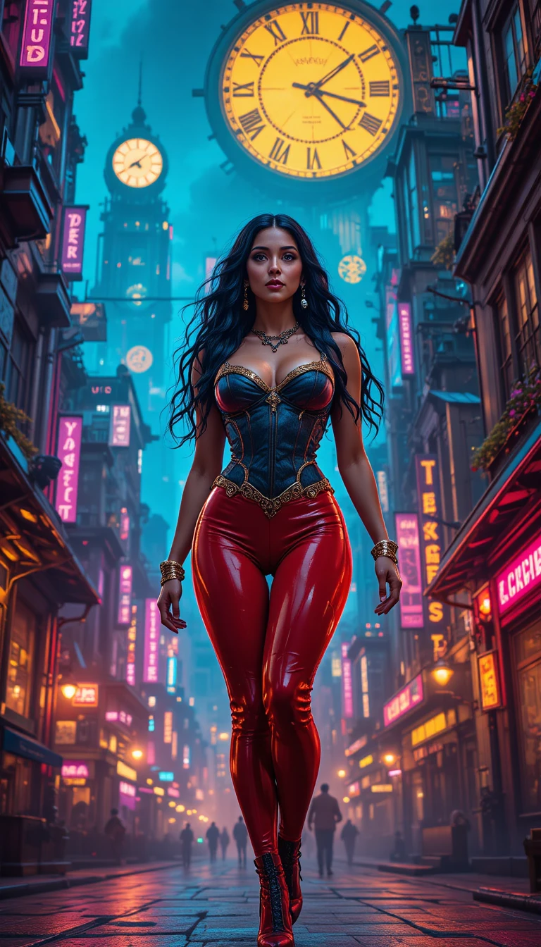 Confident dark haired woman in neon steampunk cityscape