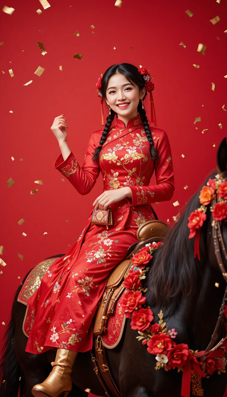節慶紅色場景中騎著黑馬的年輕女子