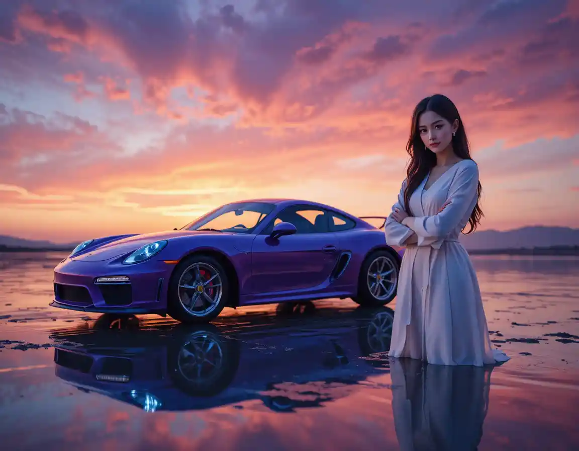 Purple classic convertible and woman at dreamy twilight