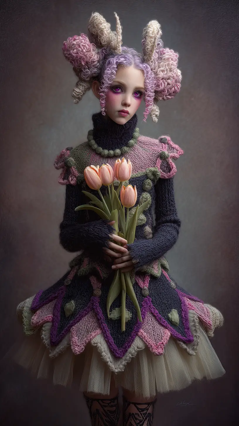 Surreal melancholy woman in dark pastel knitted dress