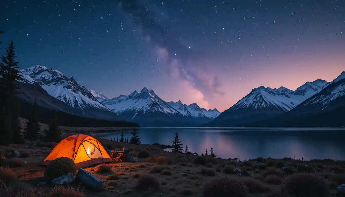 Picos nevados de Alaska sobre un tranquilo campamento junto al lago al anochecer