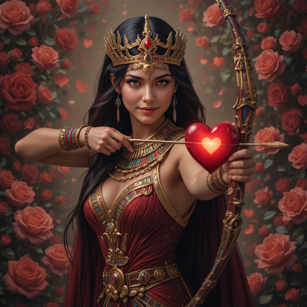 Pharaoh queen archer shooting a heart amid roses
