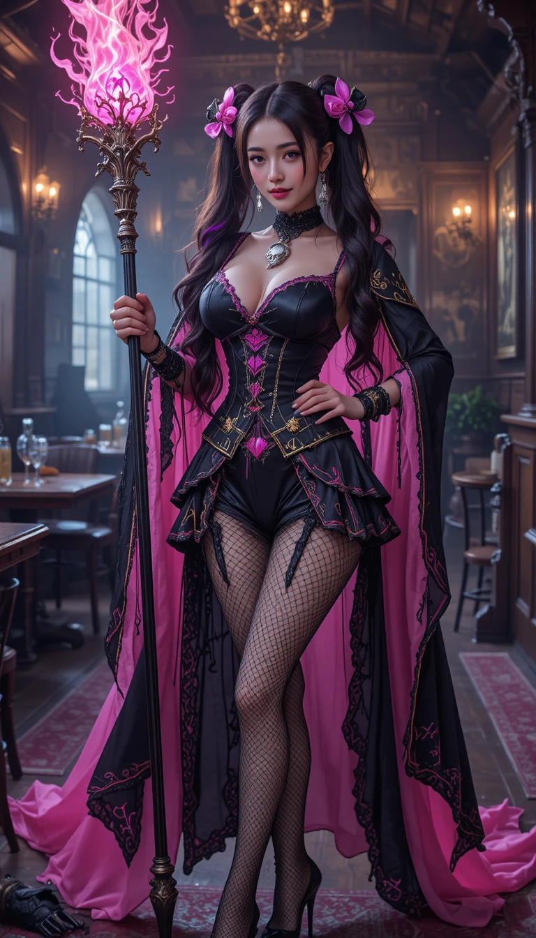 Hechicera coreana con joyería de calaveras lanzando magia rosa en una taberna