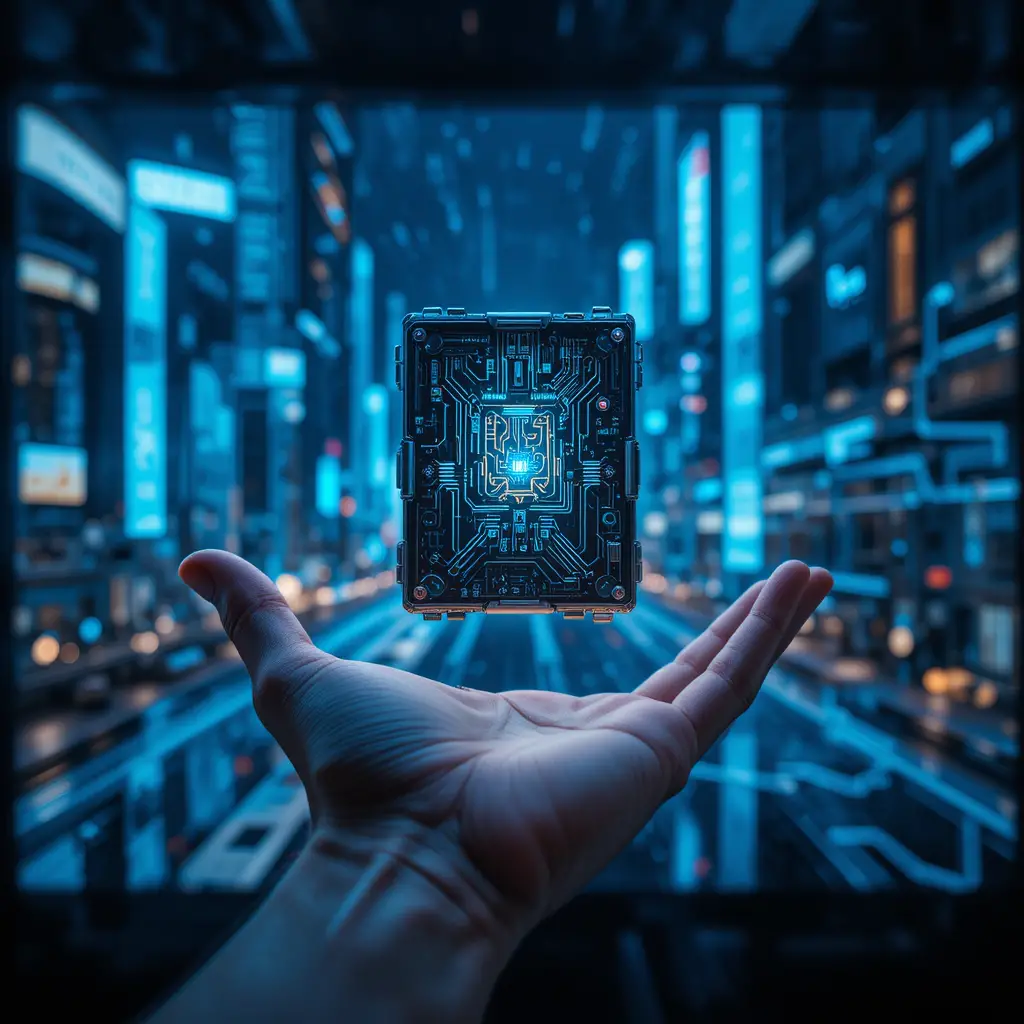 Futuristic key offered by a hand above data screen