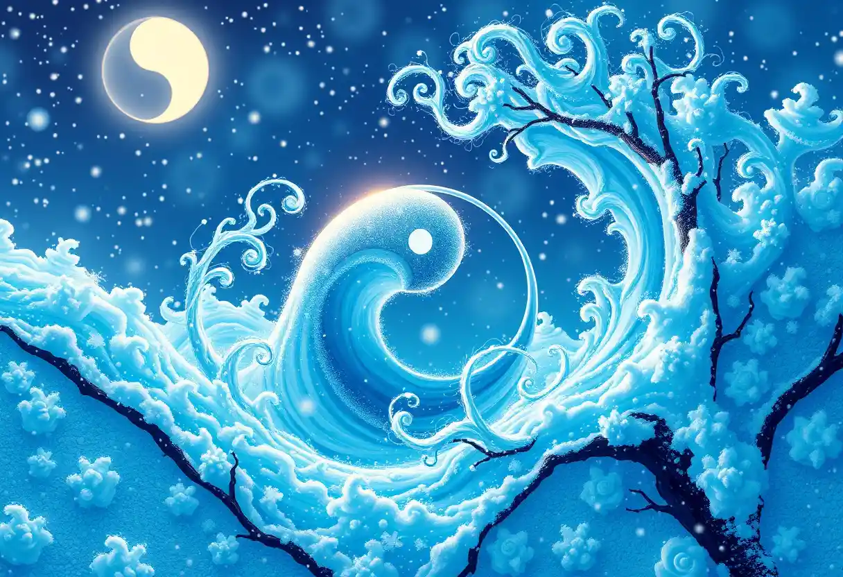 Whimsical yin yang floating in blue snow fantasy sky