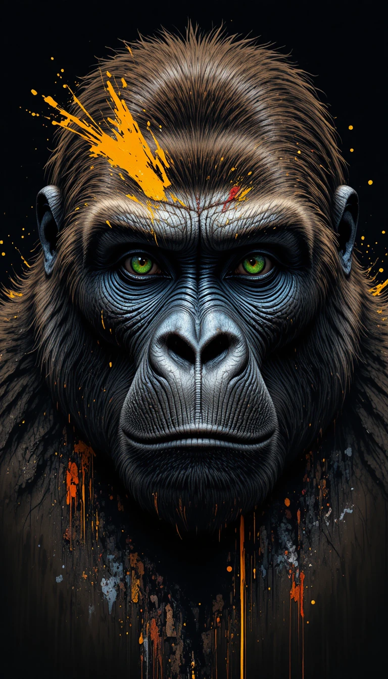 Intense gorilla face with vivid abstract paint splashes
