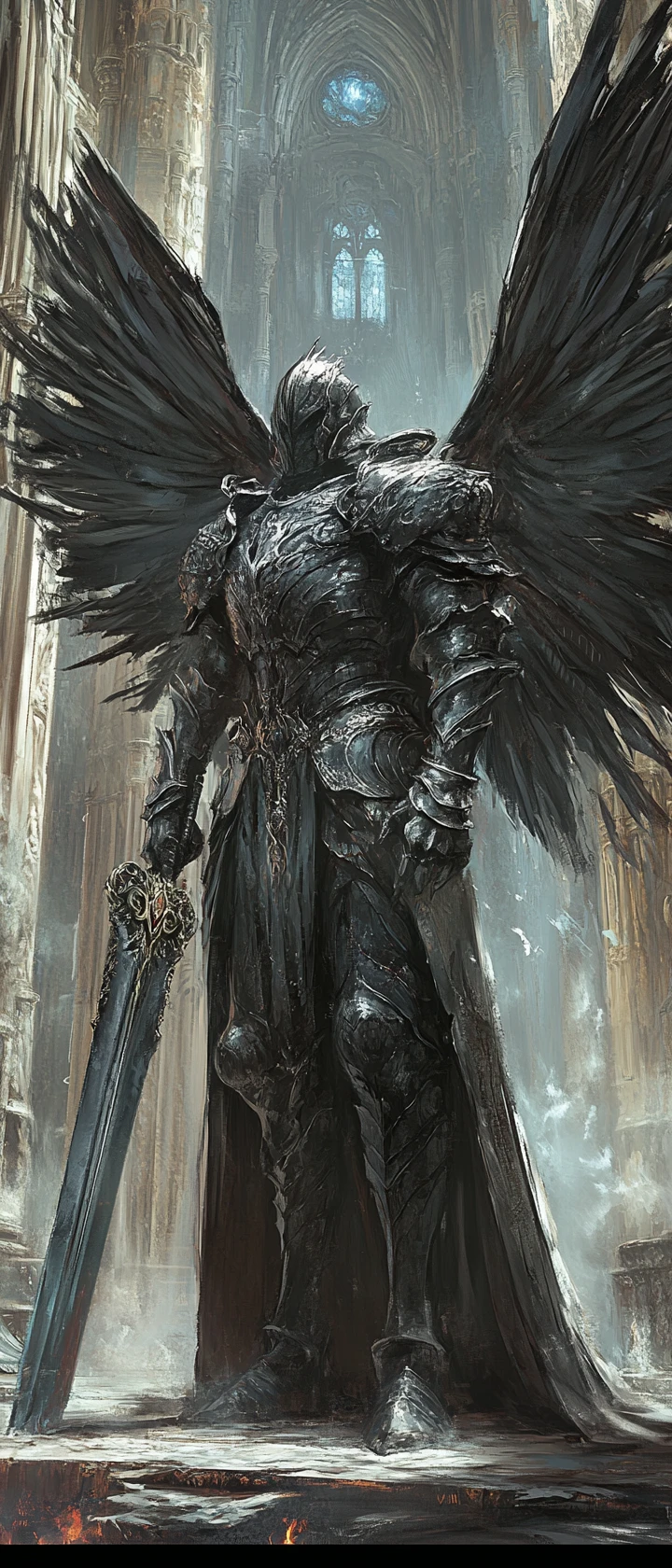 Armored angel of death in a ruined gothic cathedral
