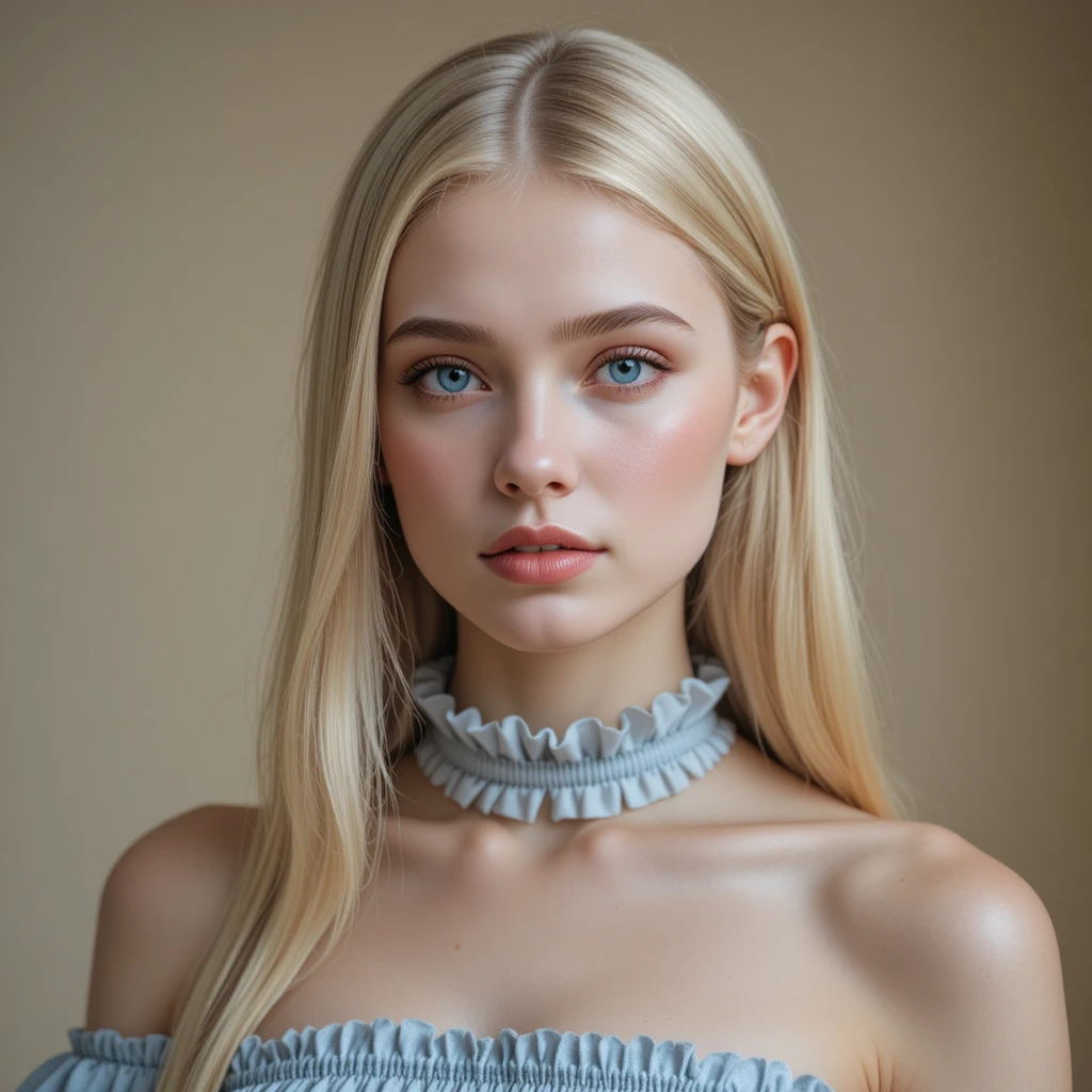 Blonde woman portrait with blue eyes and bare shoulders