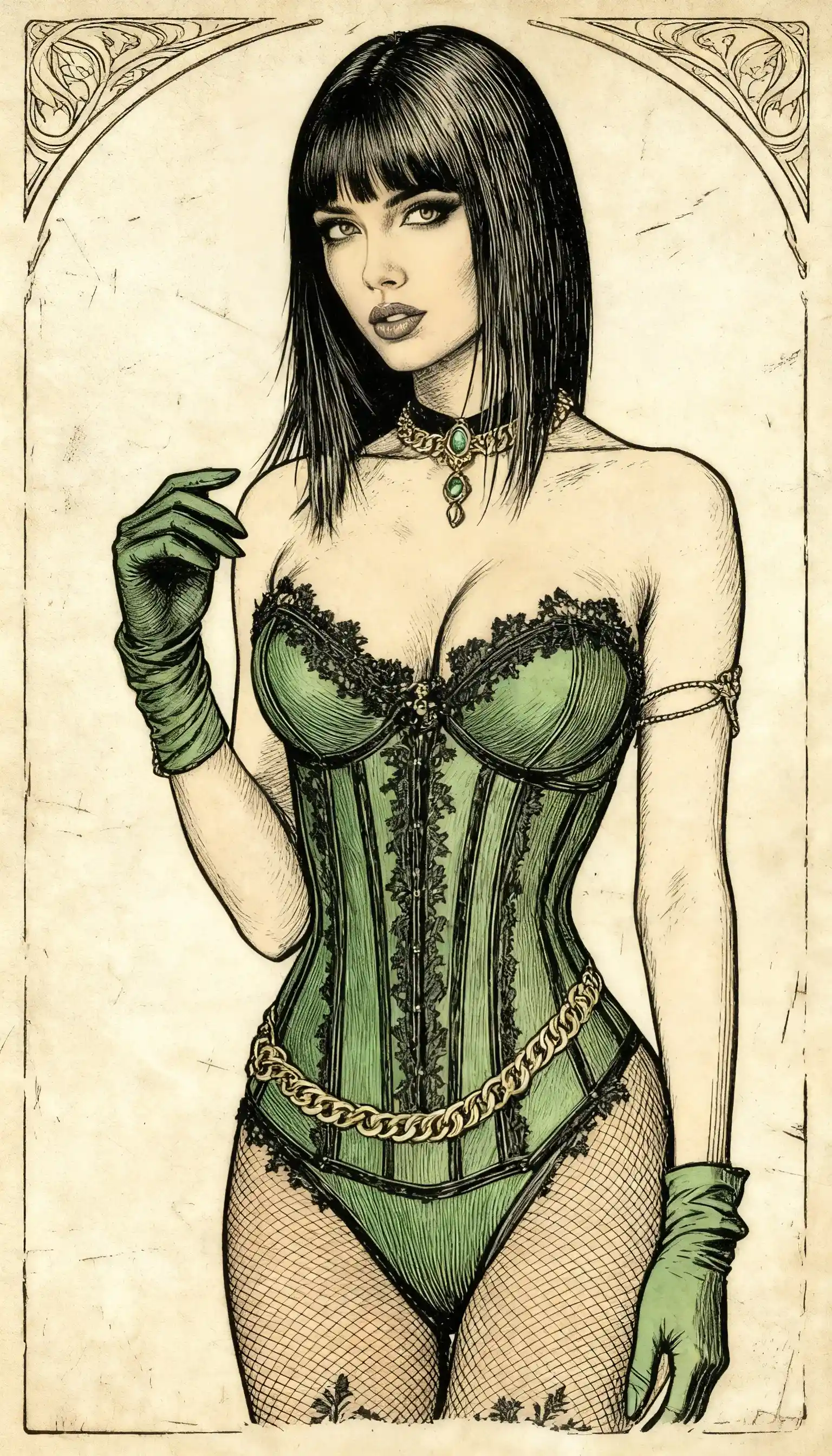 Woman in green art nouveau portrait with etched textures