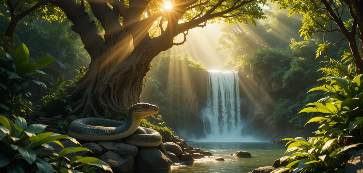 Peaceful boa resting by a sunlit jungle waterfall