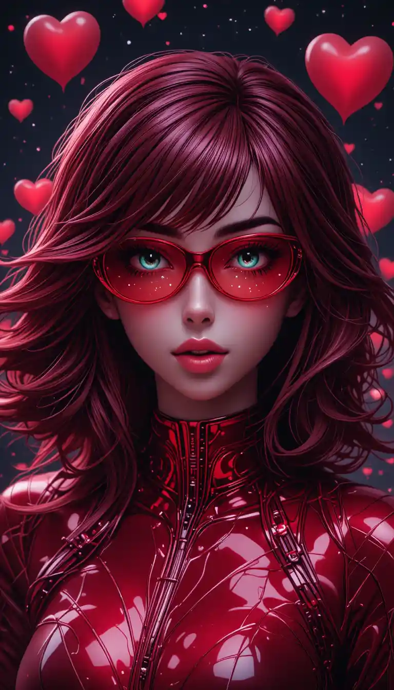 Cyberpunk woman with red hearts in cosmic neon portrait