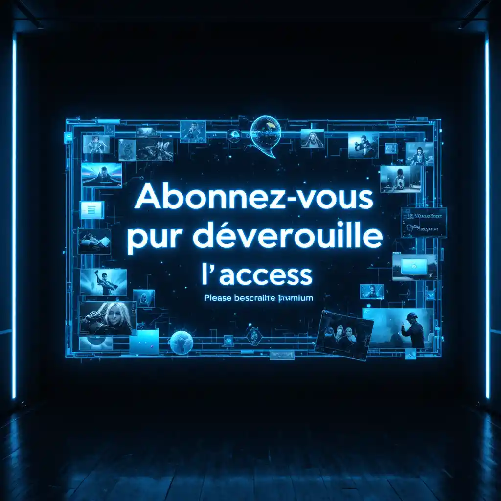 Futuristic holographic subscribe screen in a dark cyberpunk room