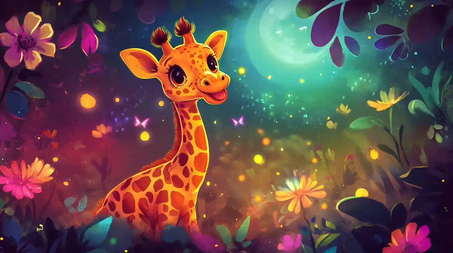 Playful baby giraffe reaching for fireflies at night