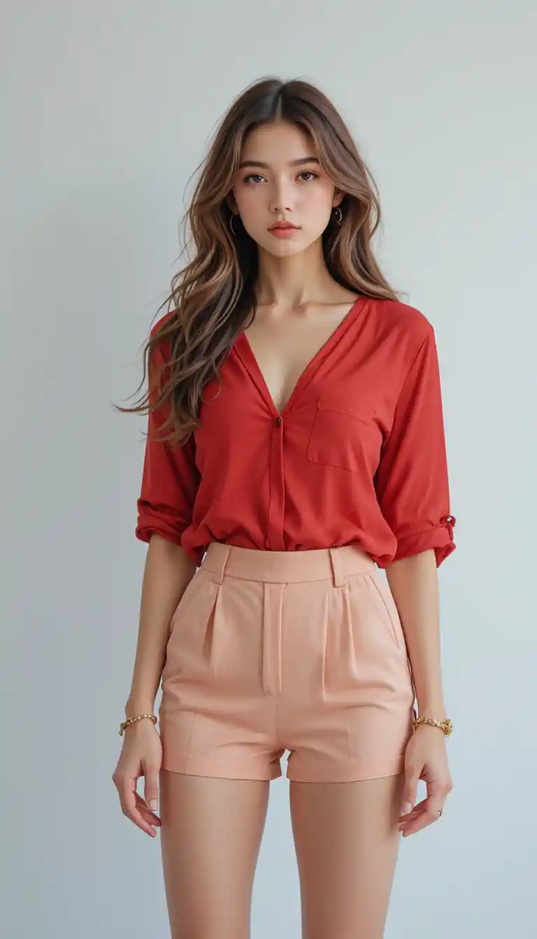 Stylish woman in red blouse and peach shorts posing confidently