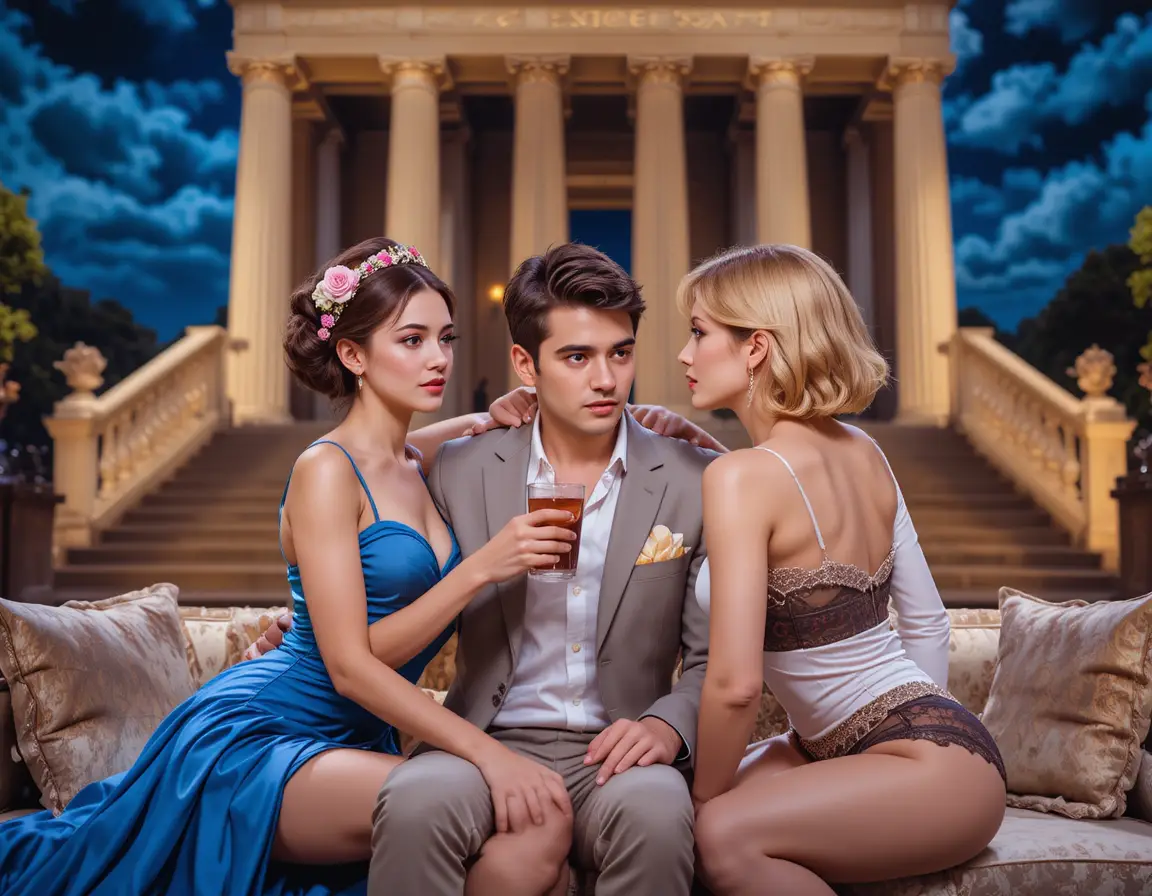 Elegant woman on fantasy stage with angel dancers