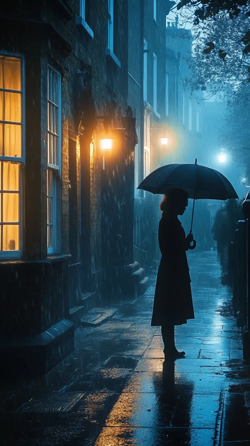 Woman with umbrella on a rainy victorian london night street