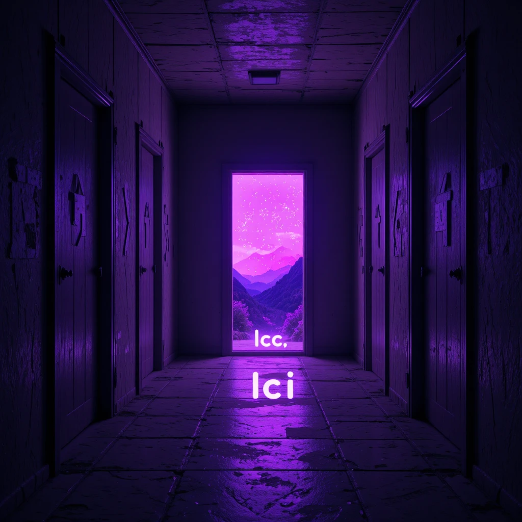 Dark hallway of doors with a glowing violet choice
