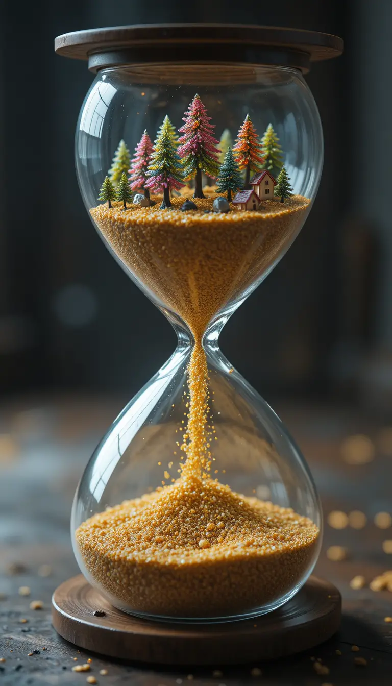 Transparent hourglass with gemstone forest and flowing sand