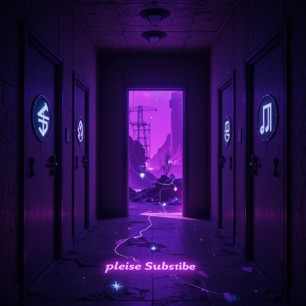 Dark corridor of doors glowing with a single violet choice
