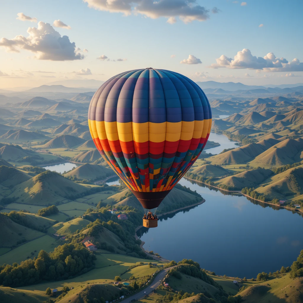 Colorful hot air balloon over hills and tranquil lake