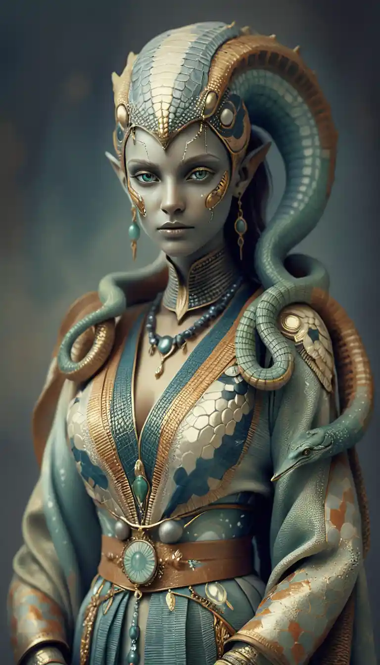 Serpent woman hybrid portrait in dark fantasy 3D style