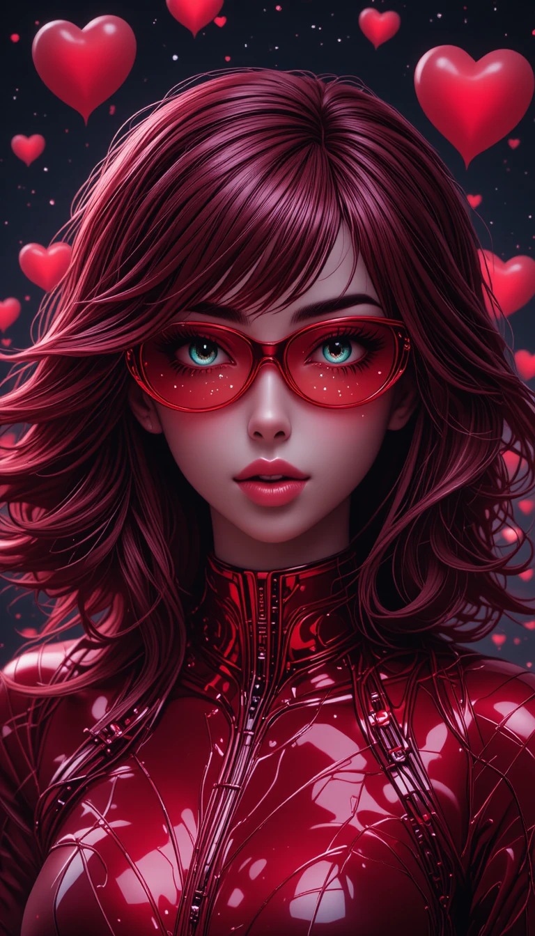 Cyberpunk woman with red hearts in cosmic neon portrait