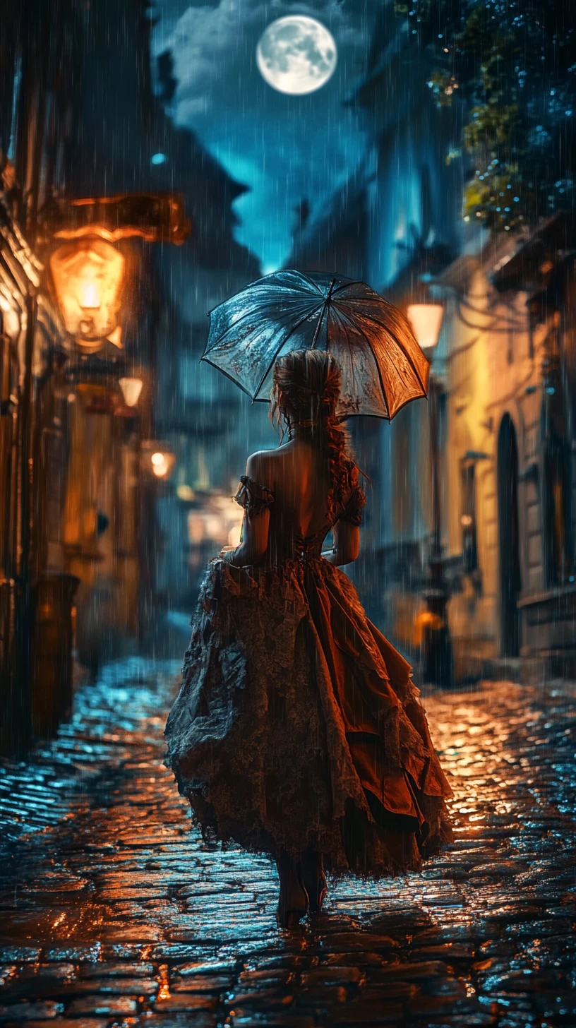 Bella donna in una piovosa strada vittoriana steampunk di notte