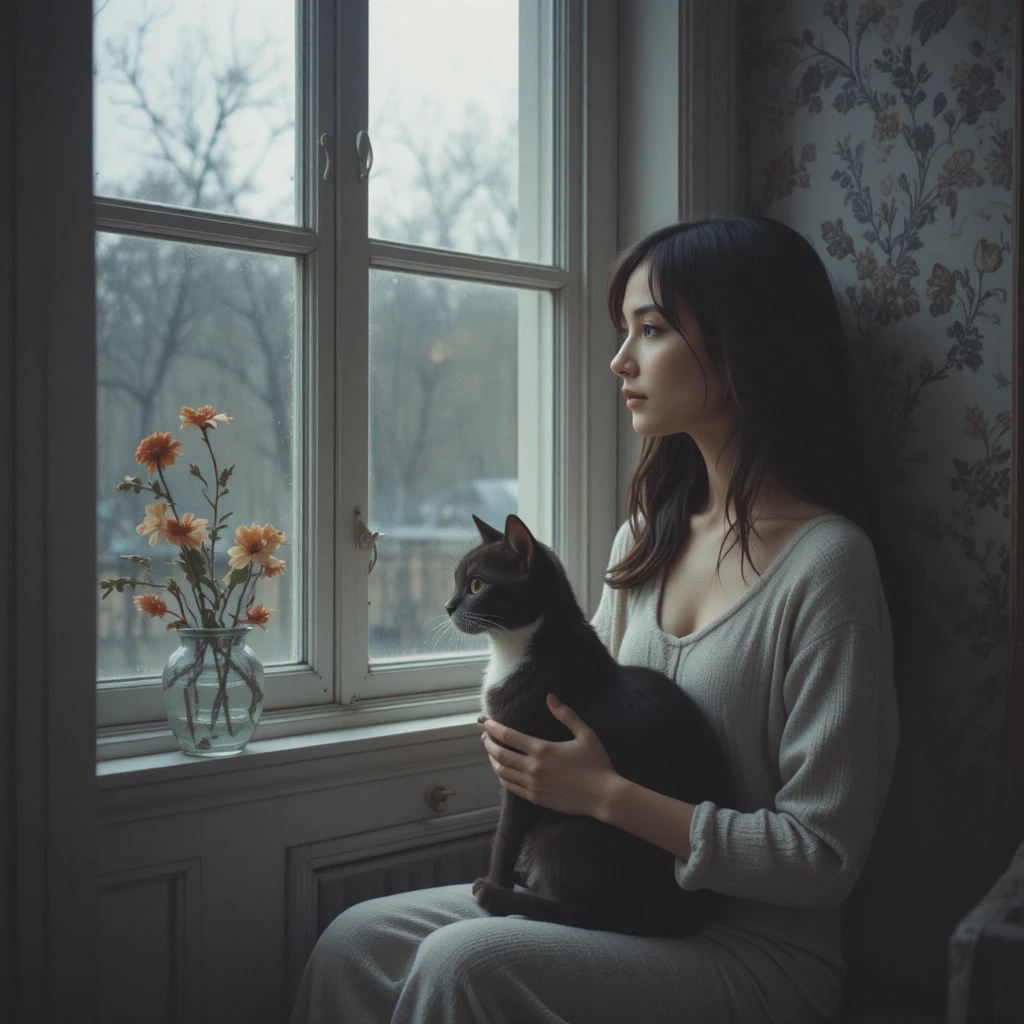 Woman at window quietly petting a cat on her lap