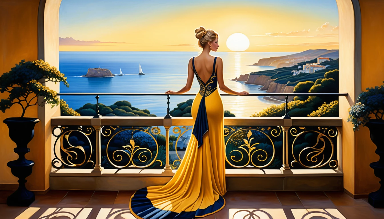 Surreal woman on balcony at sunset overlooking garden and sea