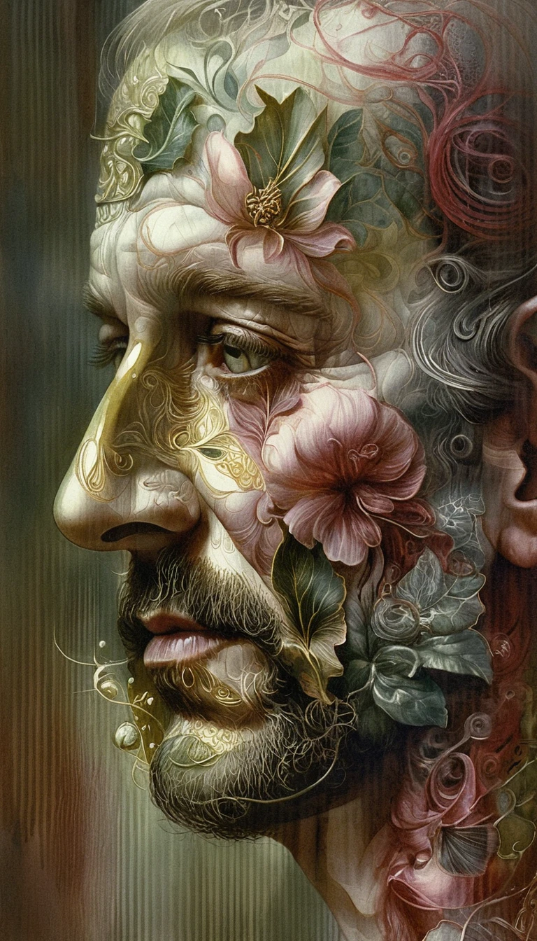 Primer plano surrealista de anciano fusionado con frondosa hiedra