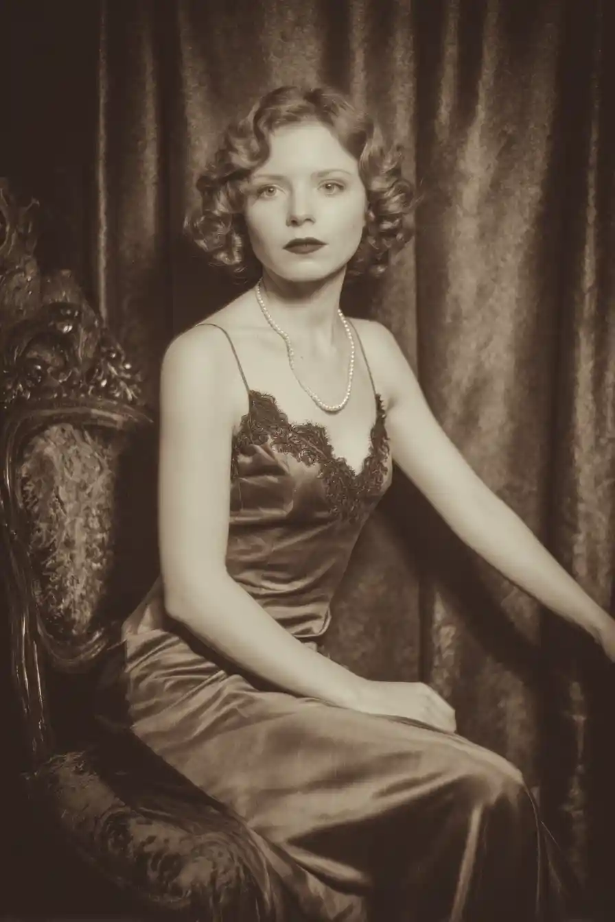 Elegant 1930s woman in satin gown studio portrait