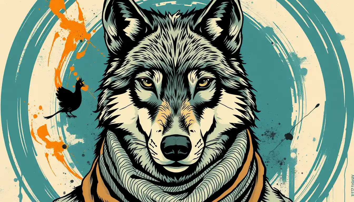 Close up arctic wolf portrait with scarf and bold lines