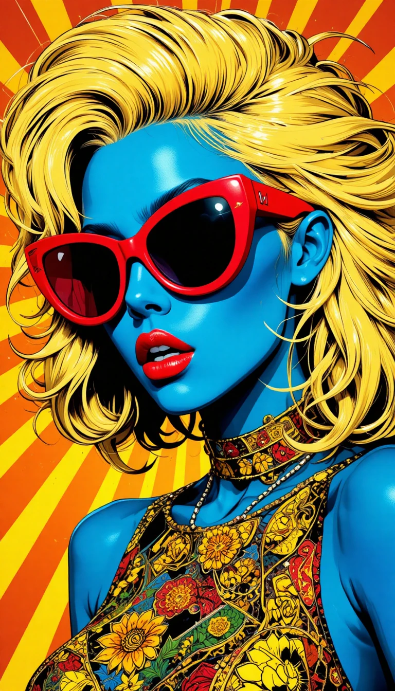 Pop-Art-Porträt einer Frau mit blauer Haut und roter Sonnenbrille
