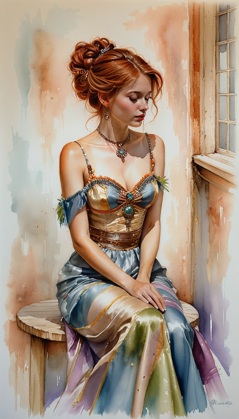 Young auburn haired woman in pastel watercolor portrait
