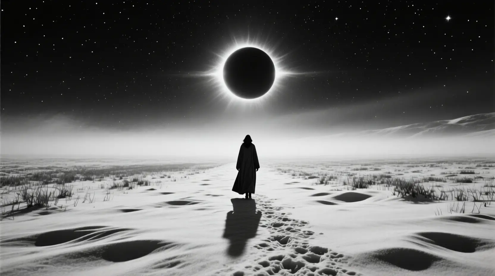 Cloaked woman crossing snowy field toward solar eclipse